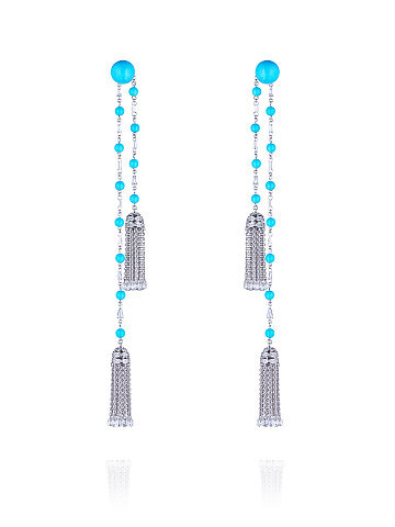 White Gold, Turquoise & Diamonds Double Tassel Earrings, 1