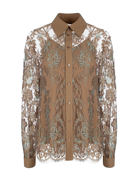 Beige Lace-Paneled Silk Blouse, 1 Beige Lace-Paneled Silk Blouse, 1