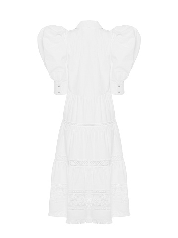 White Lace Trim Lantern Sleeve Midi Dress, 2