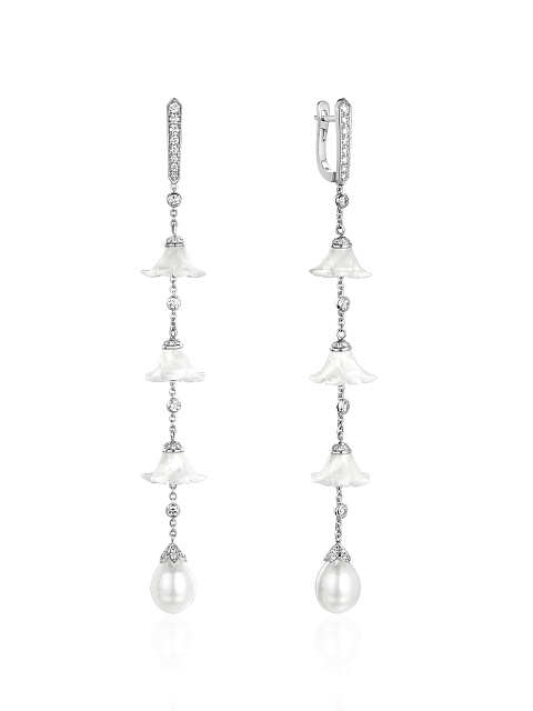 Long white gold earrings with pearls, carved mother-of-pearl and diamonds, 1