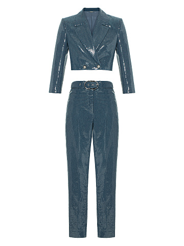 Blue Sequin Denim Pant Suit, 1