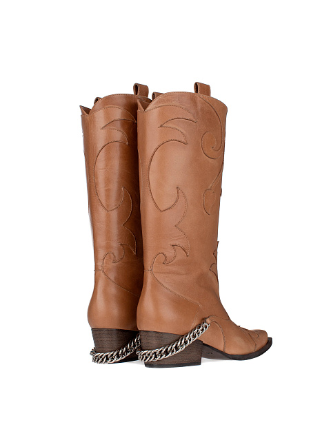 Dark Beige Leather Embroidered Cowboy Boots, 3