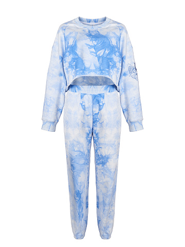 White & Blue Tie Dye Jersey Set With Cropped Sweatshirt, 1