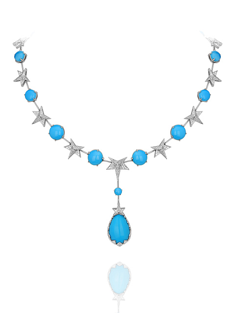 White Gold, Turquoise & Diamonds Star Necklace, 1