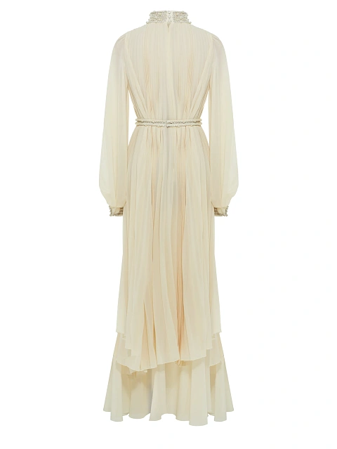 Beige Plisse Chiffon Maxi Dress, 2 Beige Plisse Chiffon Maxi Dress, 2