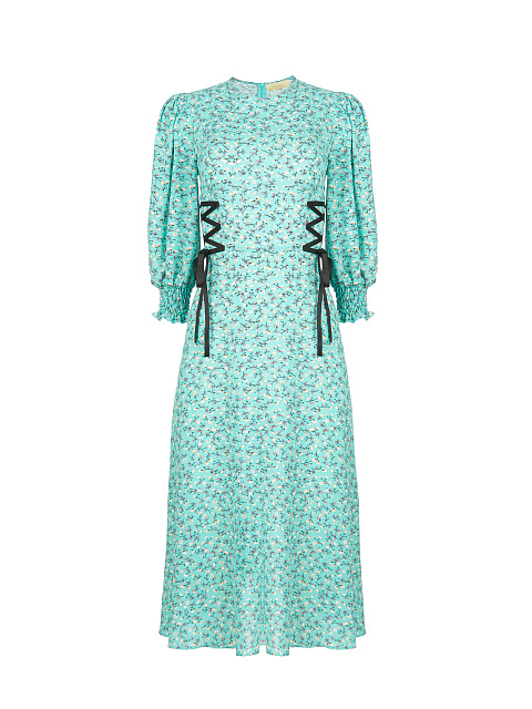 Turquoise Flower Printed Lace Up Midi Dress, 1 Turquoise Flower Printed Lace Up Midi Dress, 1
