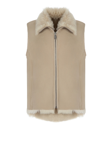 Beige Embroidered Shearling Vest, 1