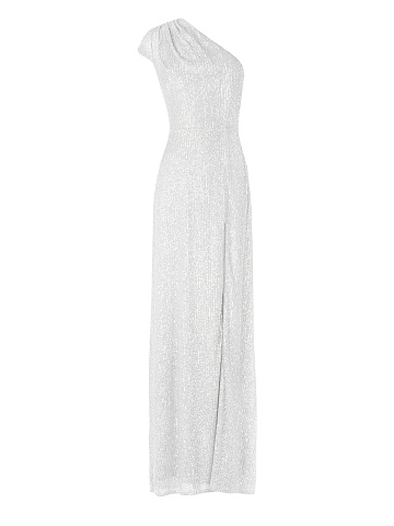 White Sequined One Shoulder Maxi Dress , 1