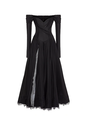 Black Lace Trim Taffeta Maxi Dress, 1