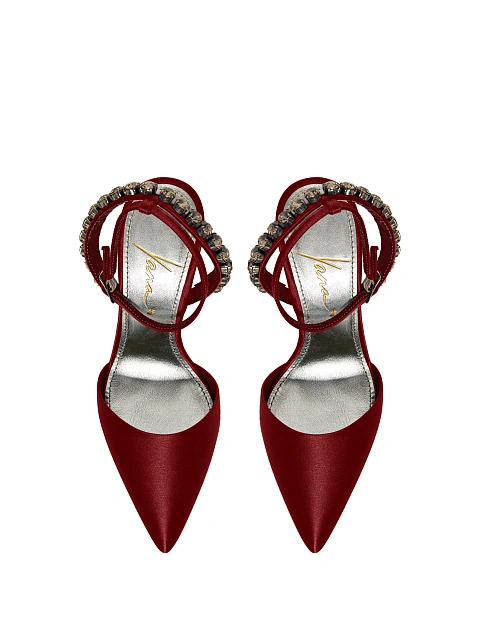 Burgundy satin pumps with pointed toe and rhinestones, 5