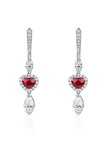 Heart Ruby & Marquise, Pear, Round Diamond, & White Gold Earrings, 1