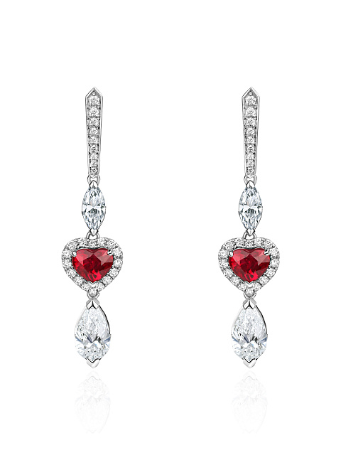 Heart Ruby & Marquise, Pear, Round Diamond, & White Gold Earrings, 1