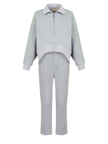 Grey & Neon Green Lily Embroidered Jersey Suit, 1