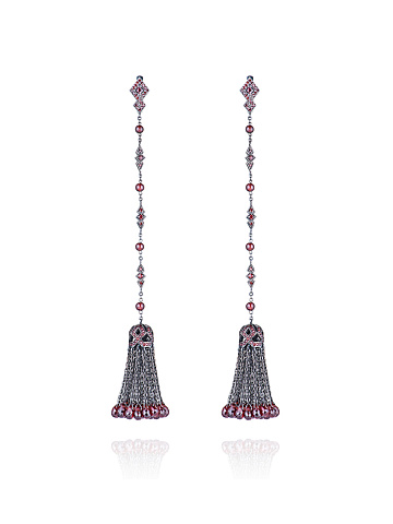 Blackened gold tassel earrings with garnet, 1