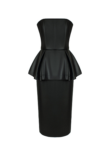 Black Faux Leather Peplum Midi Dress, 1