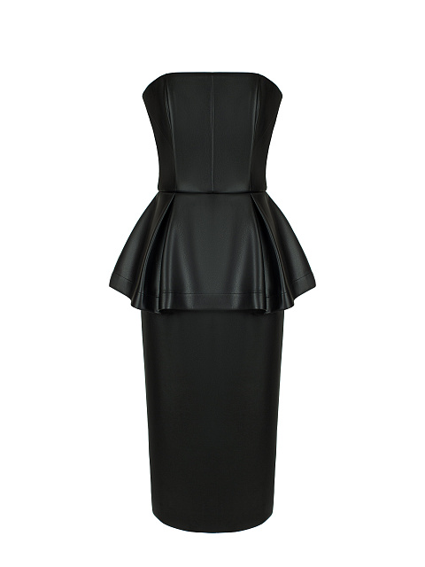 Black Faux Leather Peplum Midi Dress, 1
