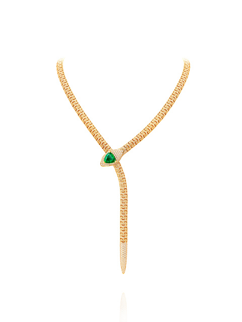 Trillion Emerald, Round Emerald, Round Diamond & Gold Necklace, 1