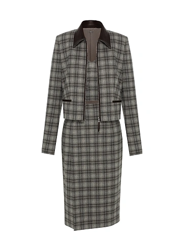 Grey Check Wool Midi Skirt Set, 1