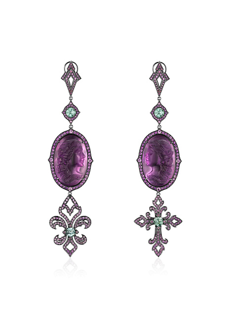 White gold earrings with cameo on amethyst and tourmalines, 1