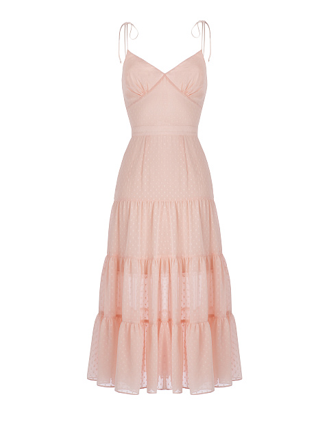 Coral Pink Polka Dot Chiffon Midi Dress , 1