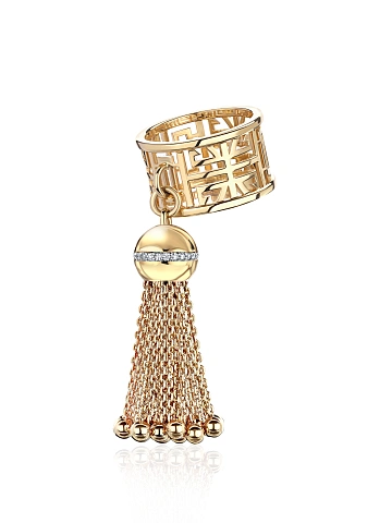 Wide yellow gold tassel ring with round-cut diamonds, 1