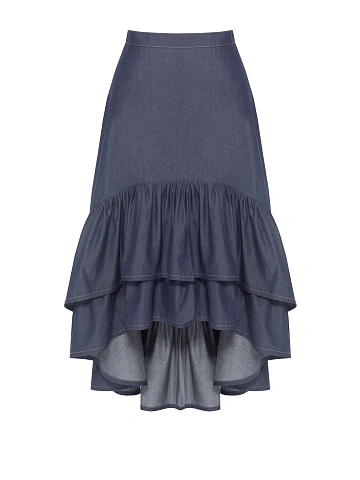 Blue Asymmetric Denim Midi Skirt With Ruffles, 1