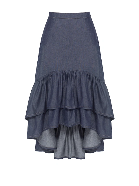 Blue Asymmetric Denim Midi Skirt With Ruffles, 1 Blue Asymmetric Denim Midi Skirt With Ruffles, 1