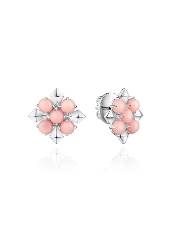 White gold stud earrings with cabochon-cut pink opal, 1