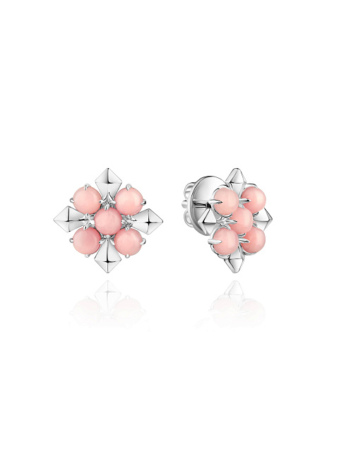 White gold stud earrings with cabochon-cut pink opal, 1
