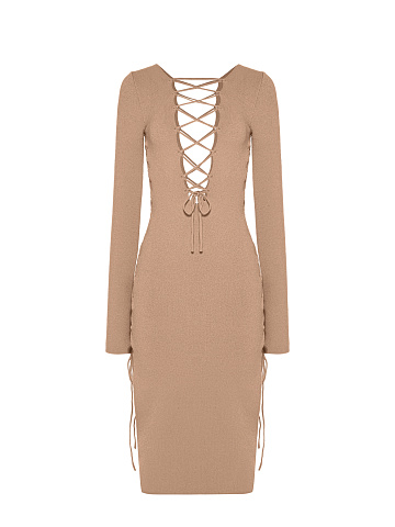 Beige Lace Up Jersey Midi Dress, 2