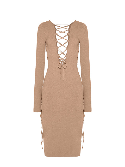 Beige Lace Up Jersey Midi Dress, 2 Beige Lace Up Jersey Midi Dress, 2