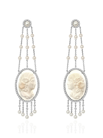 White Gold, Cameo, Pearls & Diamonds Earrings, 1