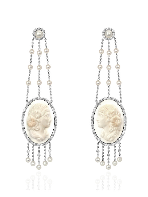 White Gold, Cameo, Pearls & Diamonds Earrings, 1