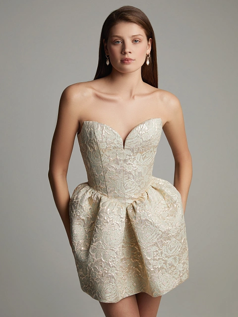 Beige & Gold Pattern Brocade Mini Dress, 7 Beige & Gold Pattern Brocade Mini Dress, 7