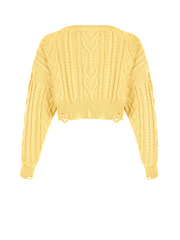 Yellow Cotton Cropped Cable Knit Sweater, 2