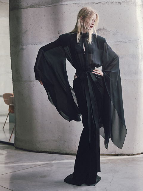 Black chiffon bodysuit blouse with lace, 4