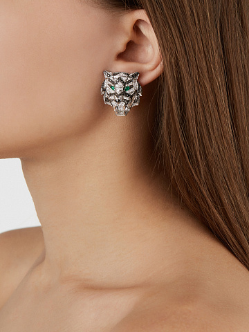 Black Round Diamond, Marquise Emerald & White Gold "Tiger" Earrings, 2