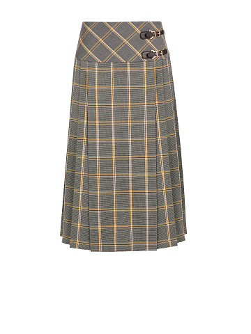 Grey & Beige Checked Pleated Midi Skirt, 1