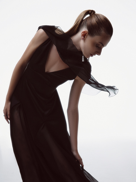 Black Silk Maxi Dress With Chiffon & Lace Cape, 7 Black Silk Maxi Dress With Chiffon & Lace Cape, 7