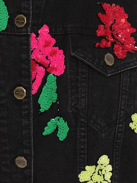 Black cropped denim jacket with raw hem and floral embroidery, 3 Black cropped denim jacket with raw hem and floral embroidery, 3