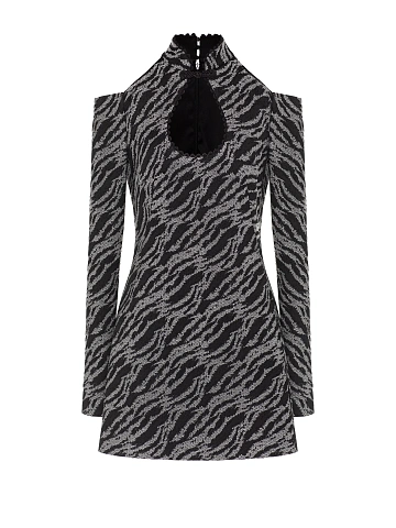 Black Open Shoulders Jacquard Mini Dress, 1