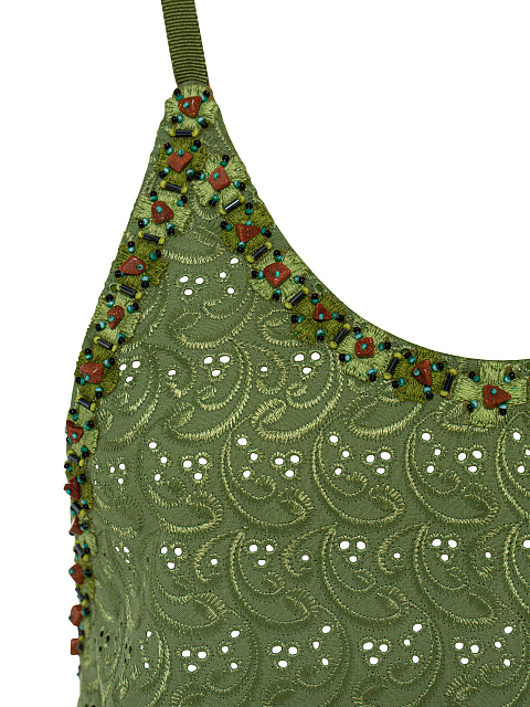 Green Beaded Cotton Mini Dress, 3