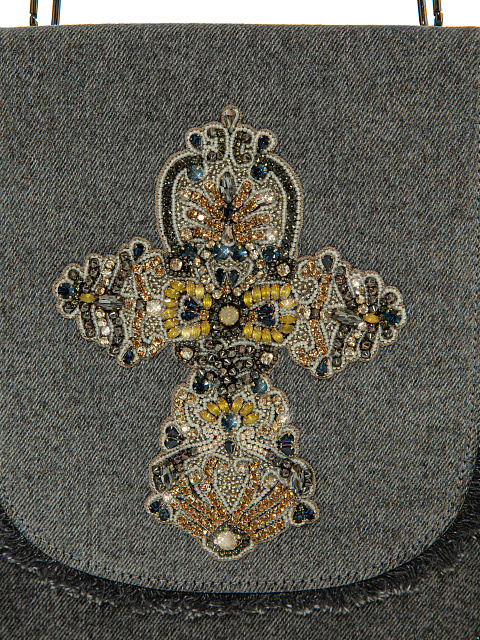 Grey Denim Crystal-Embellished Cross Bag, 3