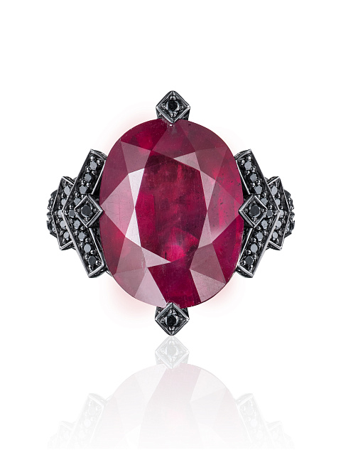 Black Round Diamond, Oval Ruby & Black Gold Ring, 3