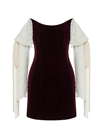 Burgundy Velvet Dress With Lace Sleeves And Ribbons, 1
