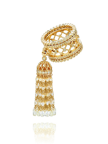 Gold & Yellow Briolette Diamond & Yellow Round Diamond Tassel Ring, 1