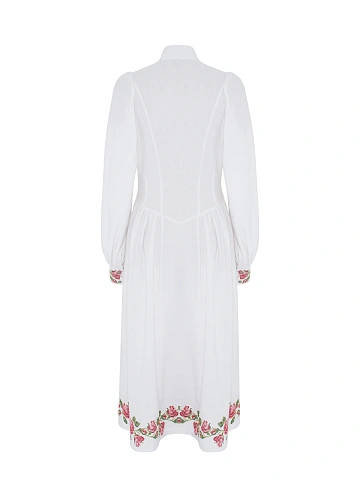 White Floral Embroidery Linen Midi Dress, 2