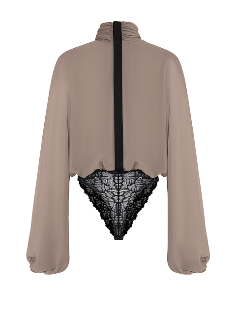 Brown bodysuit blouse with lace, 2
