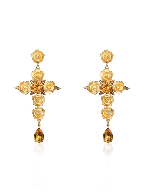 Yellow Gold, Rose-cut Mother-of-Pearl & Citrin Earrings, 1