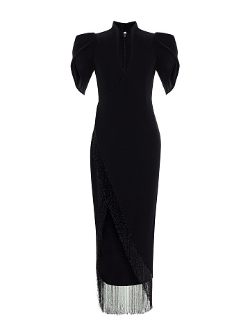 Black Beaded Fringe Silk Maxi Dress, 1